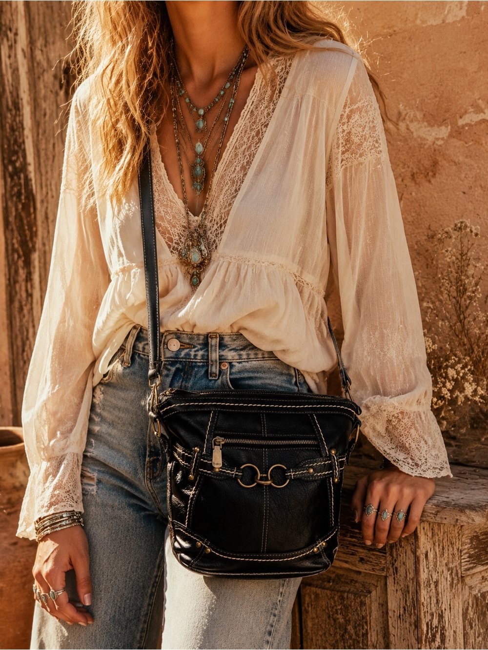 b.o.c. Black Crossbody Bag Brass Hardware Y2K Boho Moto Faux Pebbled Leathet